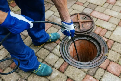 Plumber cleaning an outdoor sewer drain in North Port