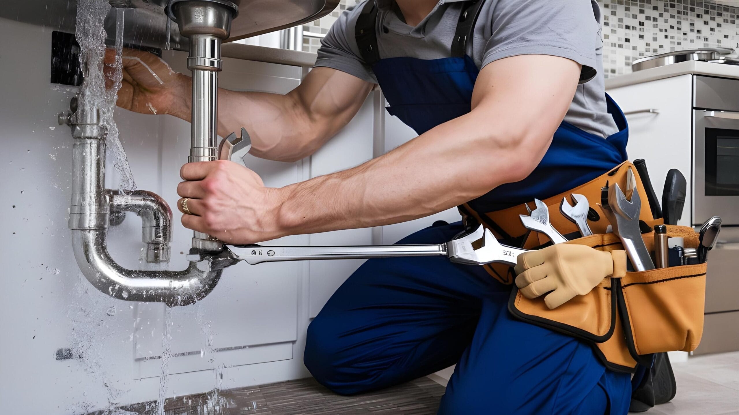 Plumber tightening a residential plumbing pipe in North Port