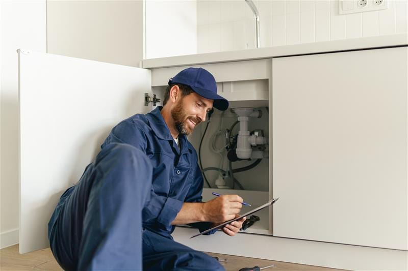 Residential plumber reviewing plumbing repairs in a North Port kitchen