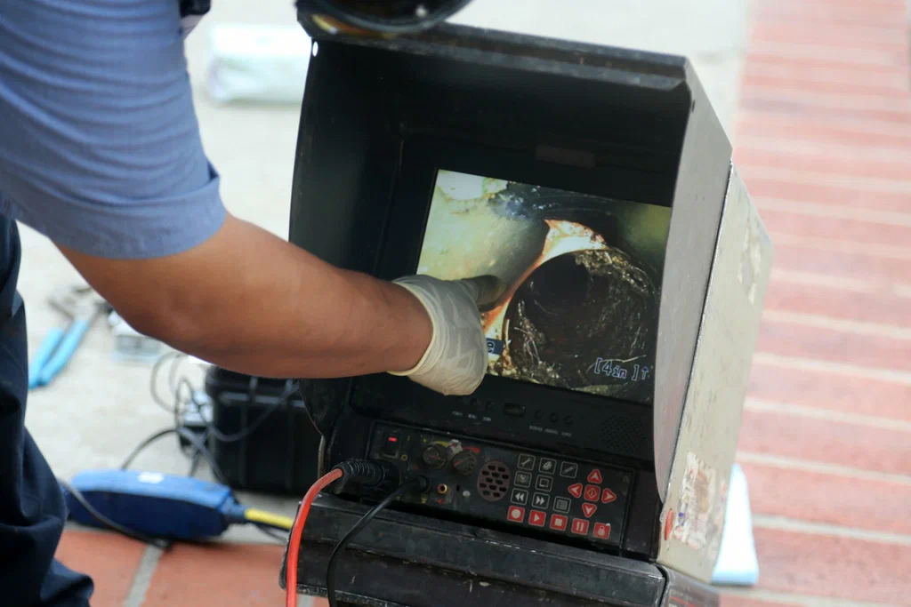 Technician viewing a drain inspection camera in North Port