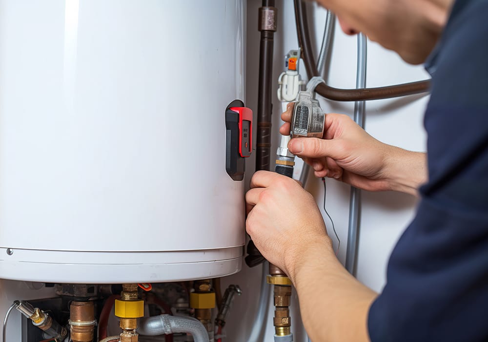 Technician repairing pipes connected to a water heater in North Port
